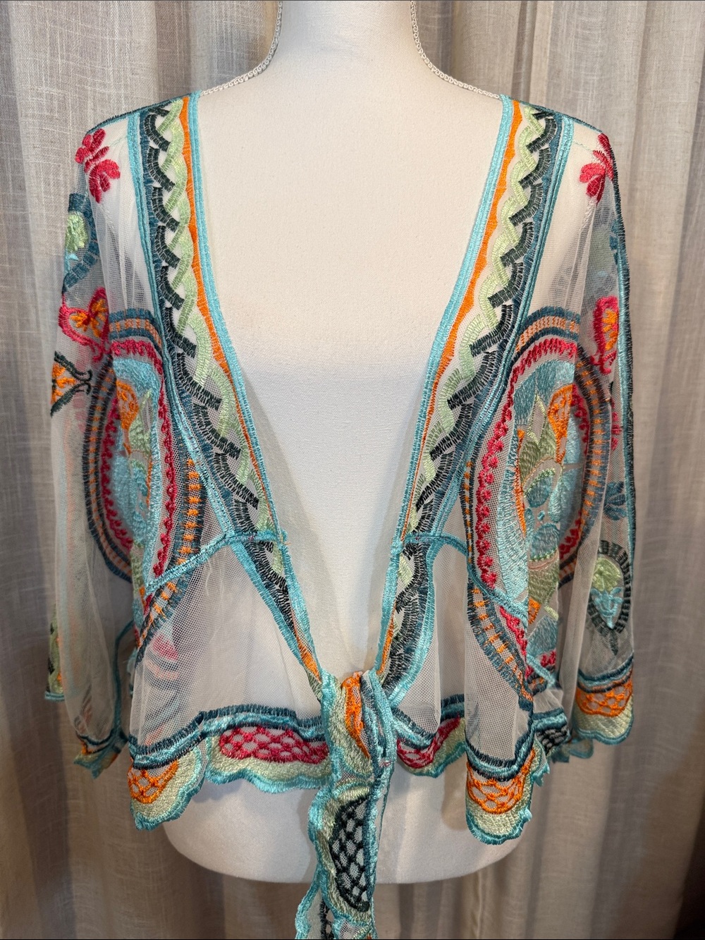 Boho Embroidered Mesh Tie Front Kimono Cardigan Cover Up One Size